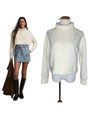 Daily Practice Anthropologie Cable Knit Sweater Size Small Ivory Kangaroo Pocket